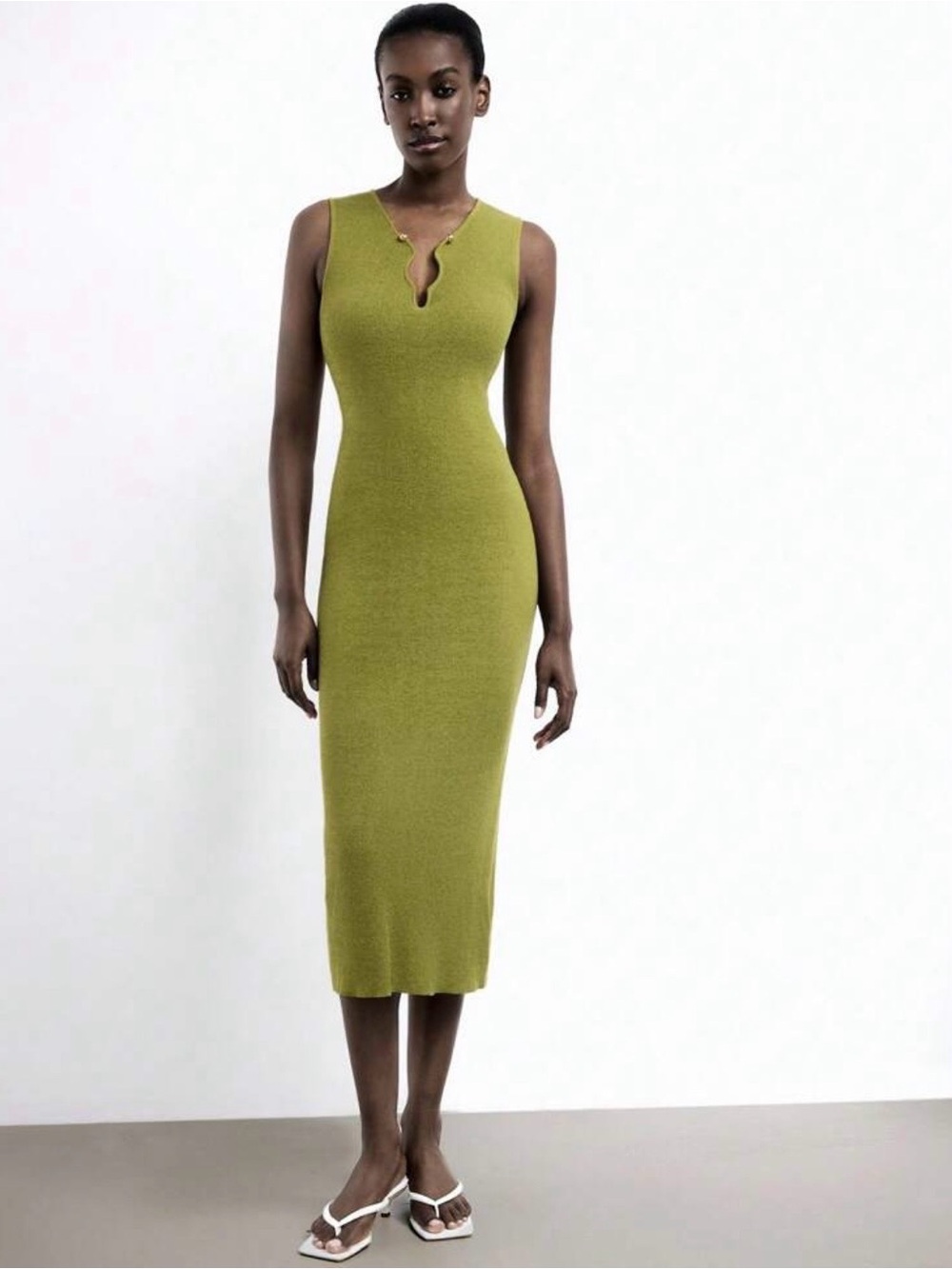 Sleeveless Olive Green Knit Midi Dress